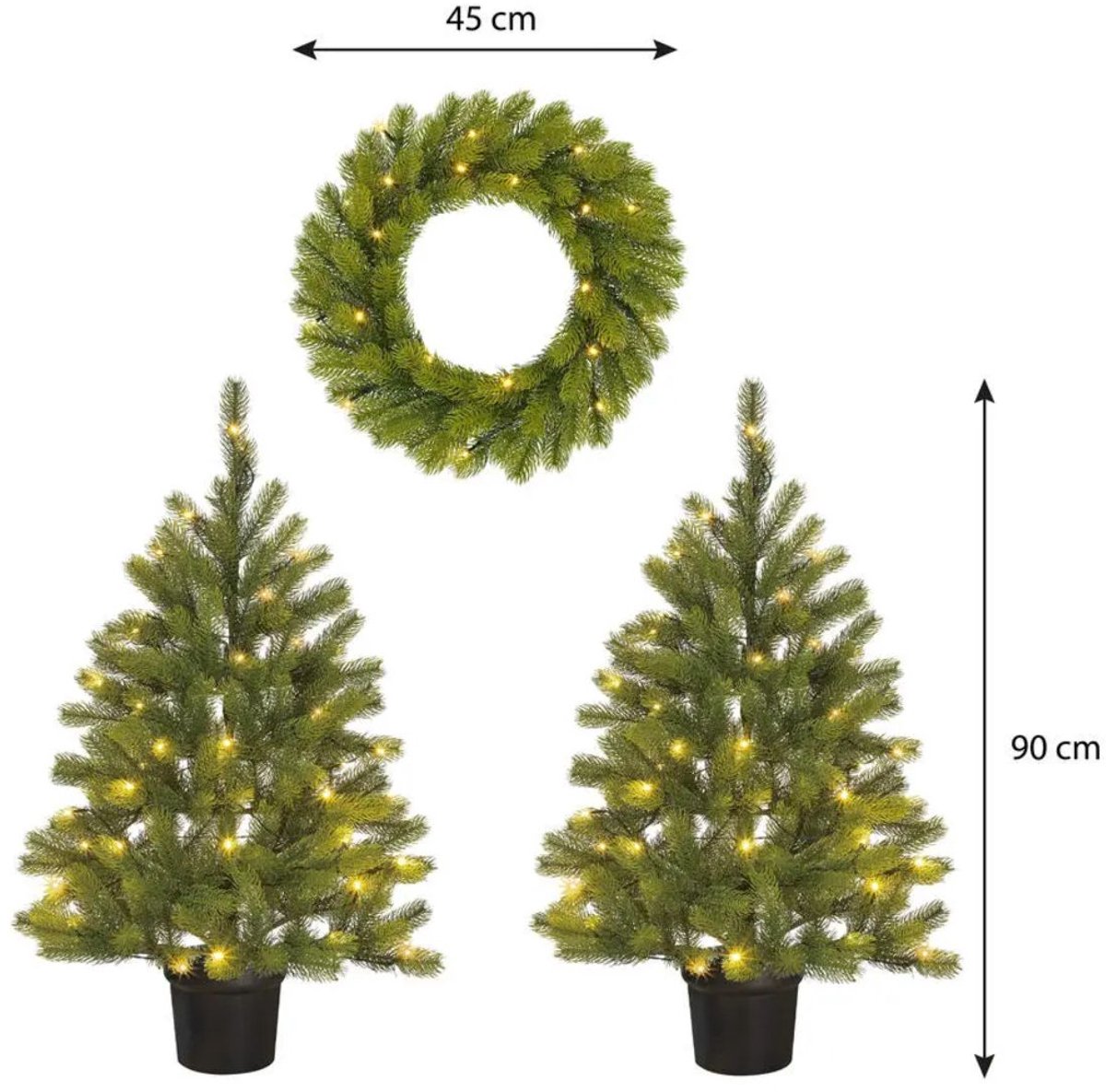 Black Box Trees Nagoya Kerstboom en Kerstkrans Set - 2 Kunstkerstbomen en 1 Krans met LED Verlichting - H90 x Ø45 cm - Groen – foto 3