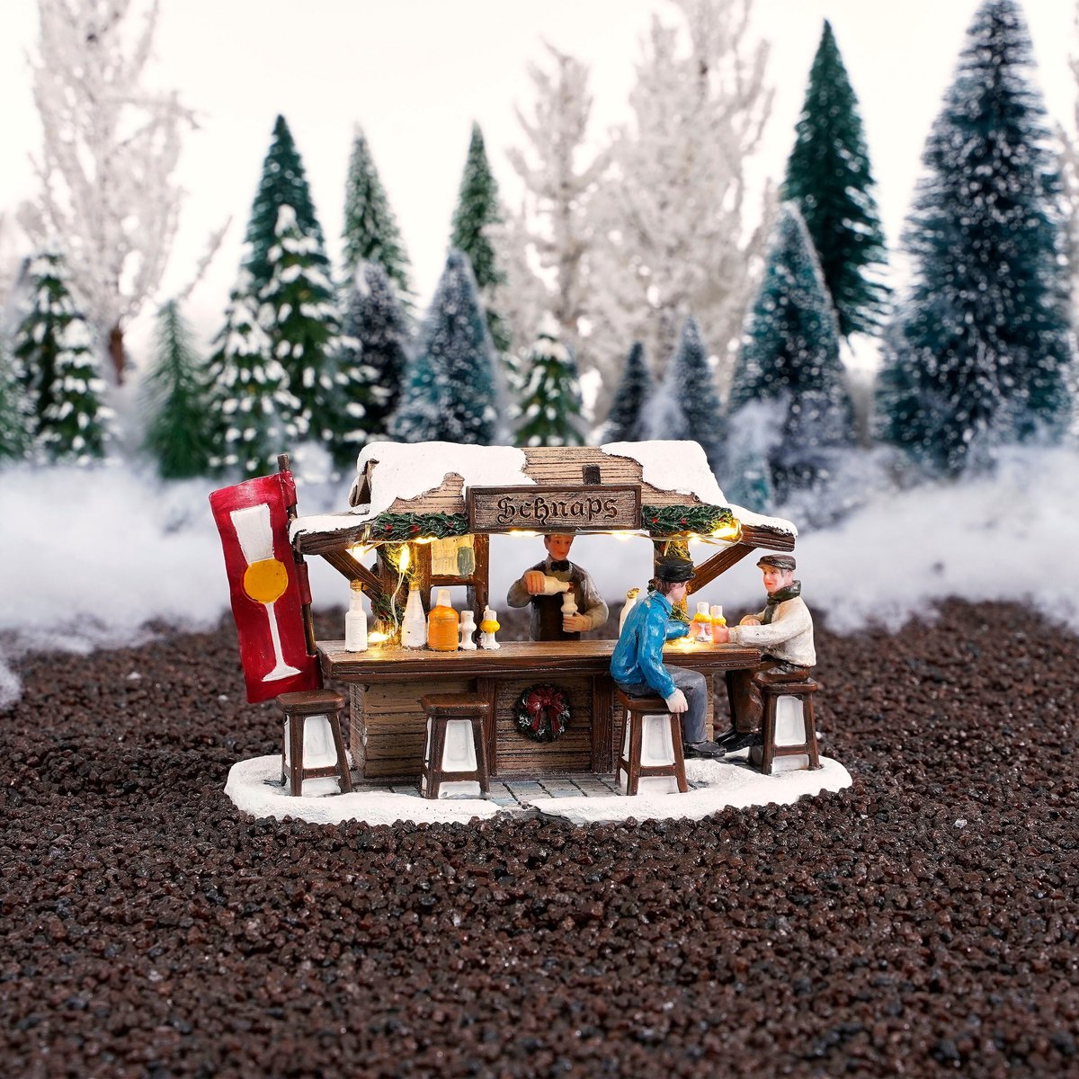Luville Kerstdorp Miniatuur Schnaps Markt - Kerstversiering met Verlichte Schnapskraam - Guirlande voor je Kerstdorp - Kerstslingers met Proostende Figuren - L16 x B8 x H9 cm – foto 3
