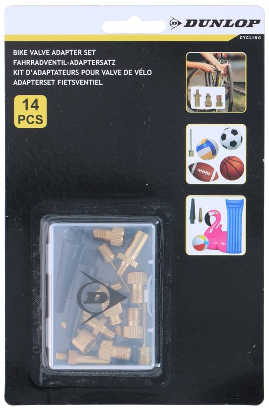 Dunlop Set Réducteur de Pompe à Vélo - 14 Pièces - Adaptateur Valve de Vélo - Pompe à Bille - Universel