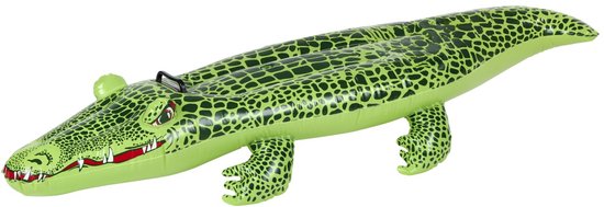 Groene opblaasbare krokodil met zwarte patronen, rode tanden en groene ogen.