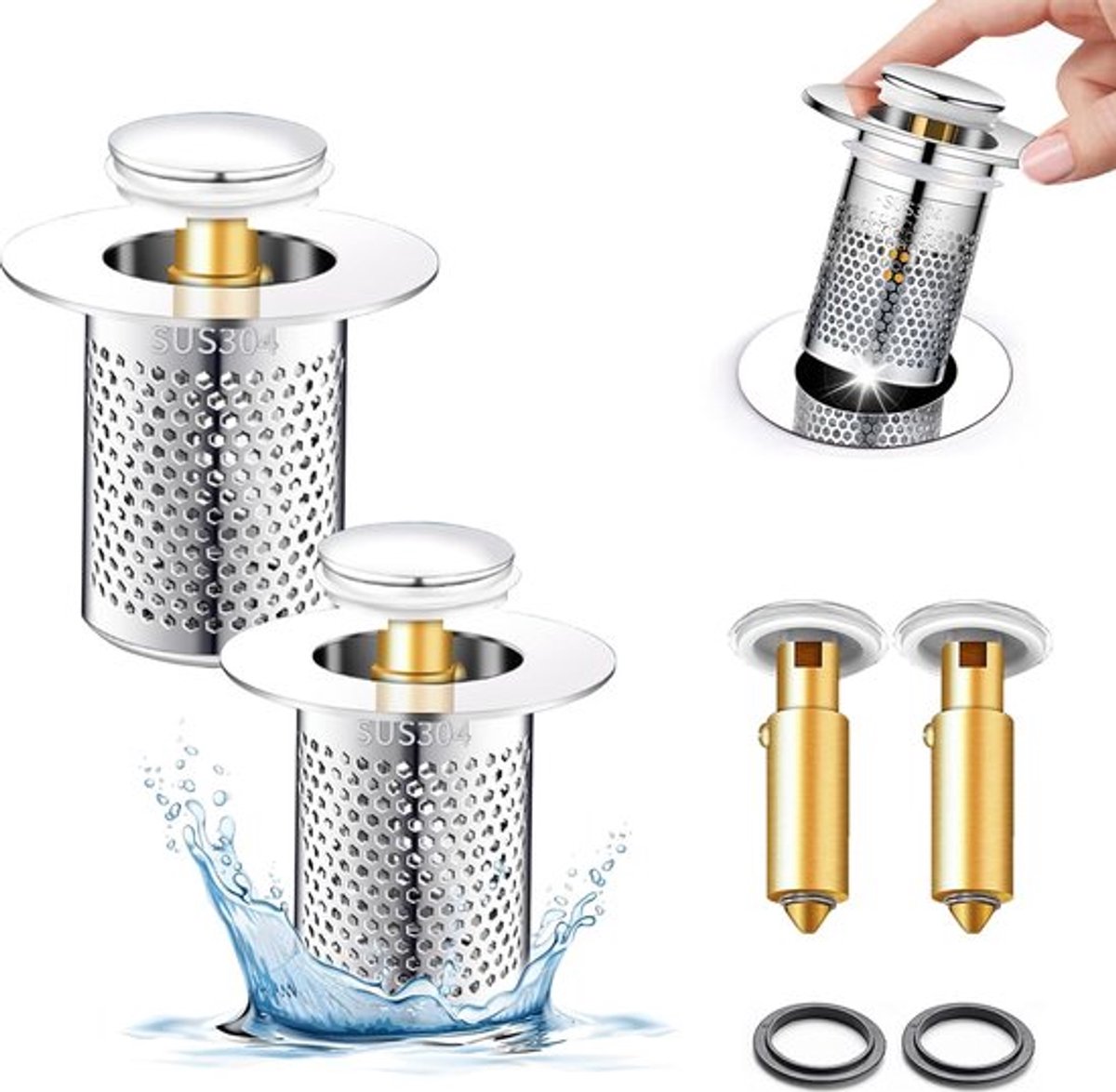 Set van 2 stuks - Wastafelstop - Afvoerfilter - Afvoerfitting - Filterzeef - Badkuipstop - Wastafelstop (kort 5 cm)