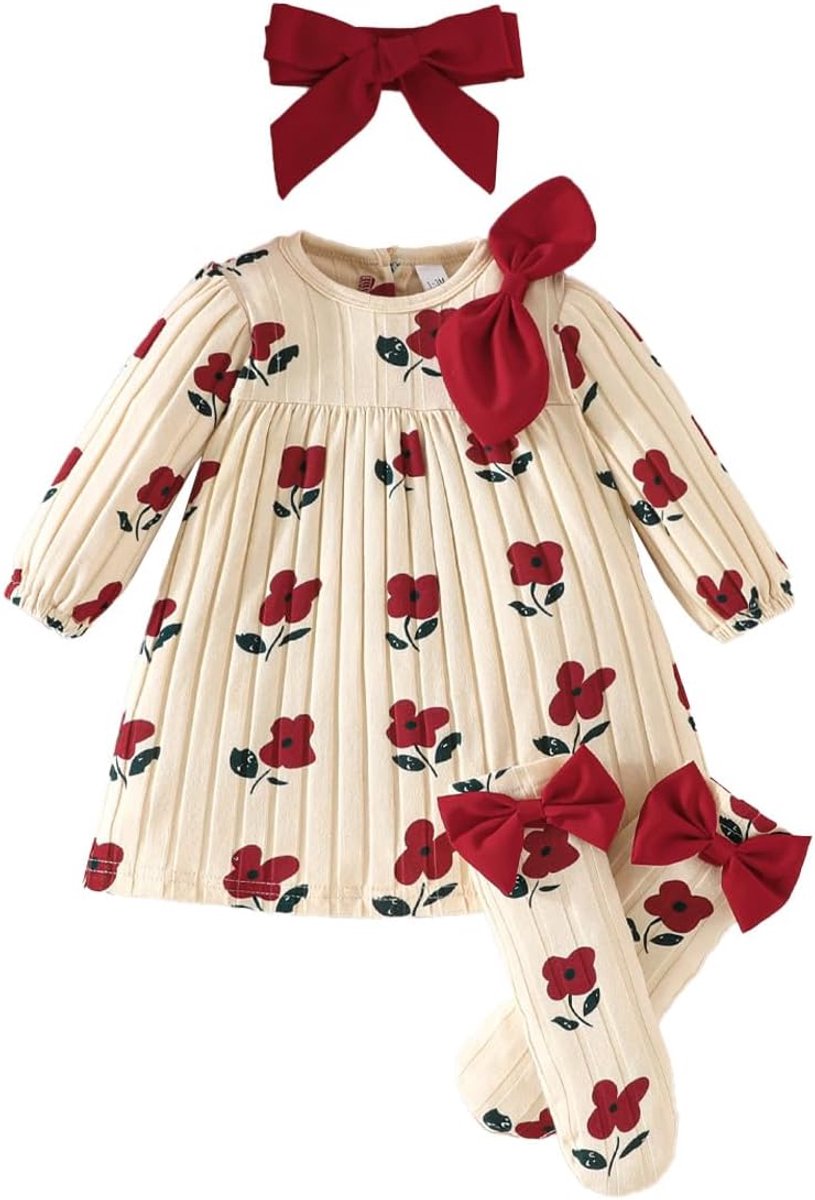Jurk voor pasgeborenen voor meisjes, Valentijnsdag, lange mouwen, geribbeld, bedrukt, hartjes, met hoofdband en bijpassende sokken, kleding