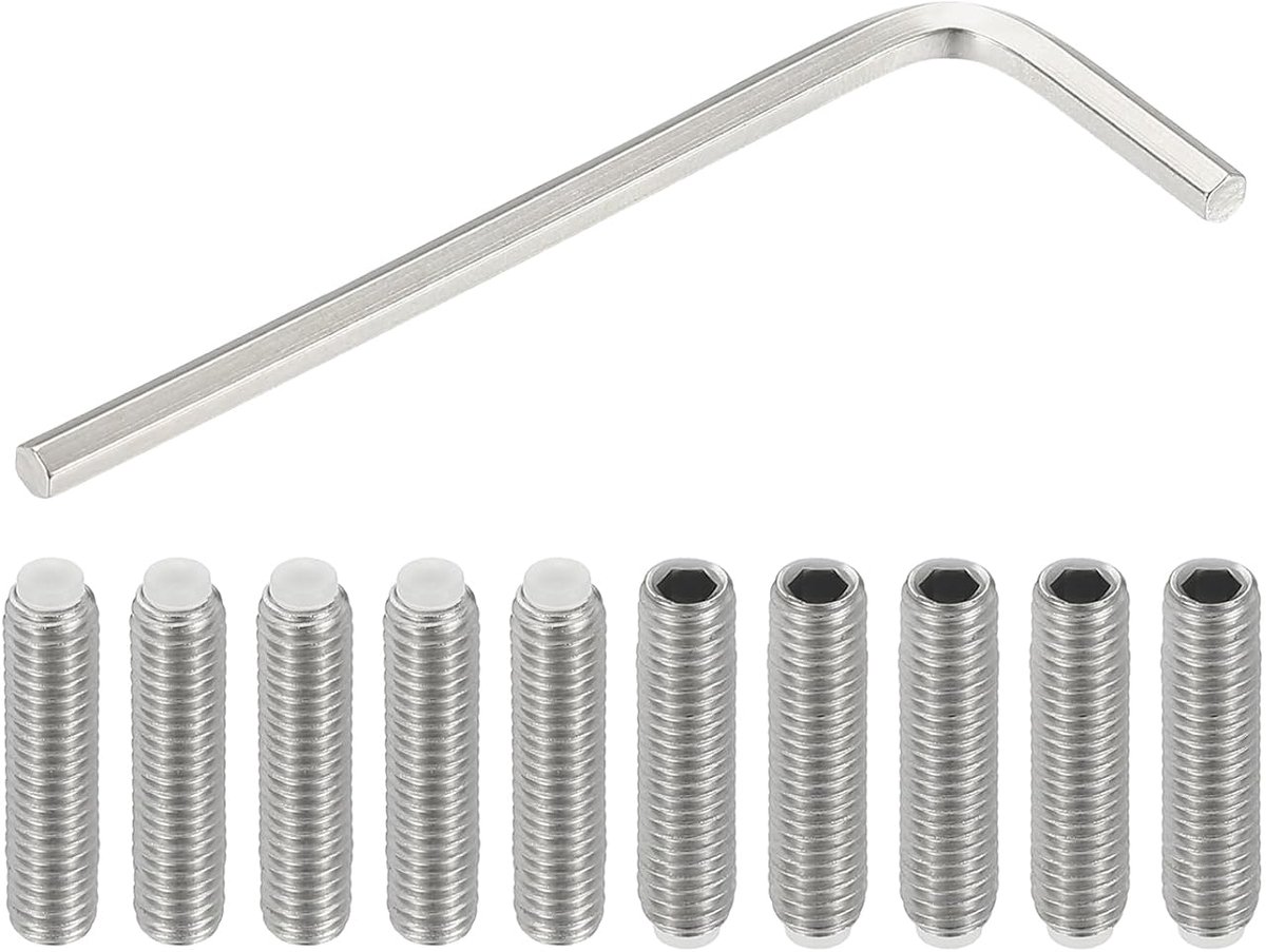 Schroeven zonder kop M6 x 25 mm nylon eindstuk, 10 stuks 304 roestvrij staal, zeskantkop metrische bout met punt zeskantsnede, binnen, antislip, met sleutel