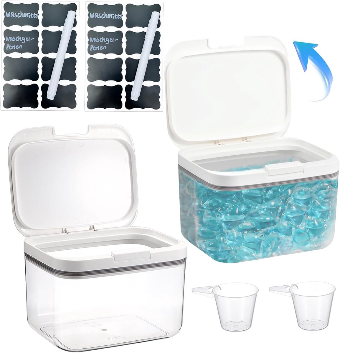 2 stuks waspoeder, 2,8 l, wasmiddeldispenser voor wasmachine, wasmiddelcontainer van PET-kunststof, wasmiddelcontainer met deksel, voor capsules