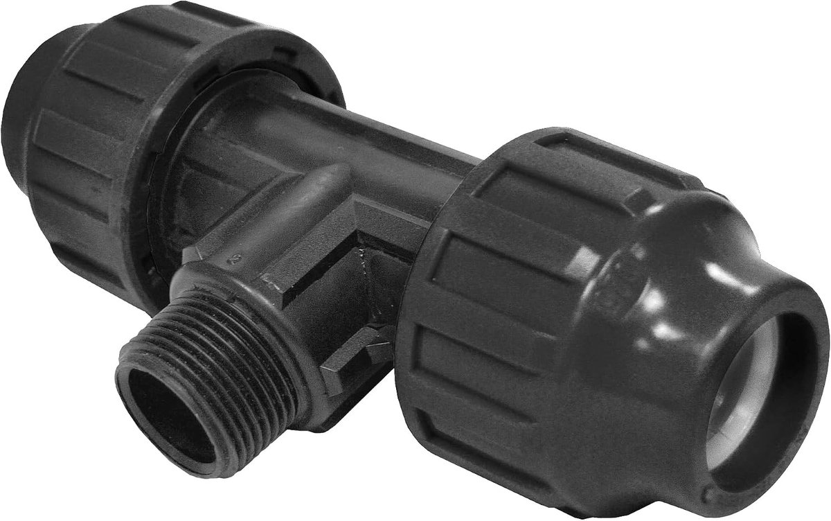 725401: met twee openingen Ø 40 mm en buitendraad van 1 ¼ inch, van zwart polyethyleen, ontworpen als snelverbinding voor irrigatiebuizen van 40 mm, bestand tegen hoge druk