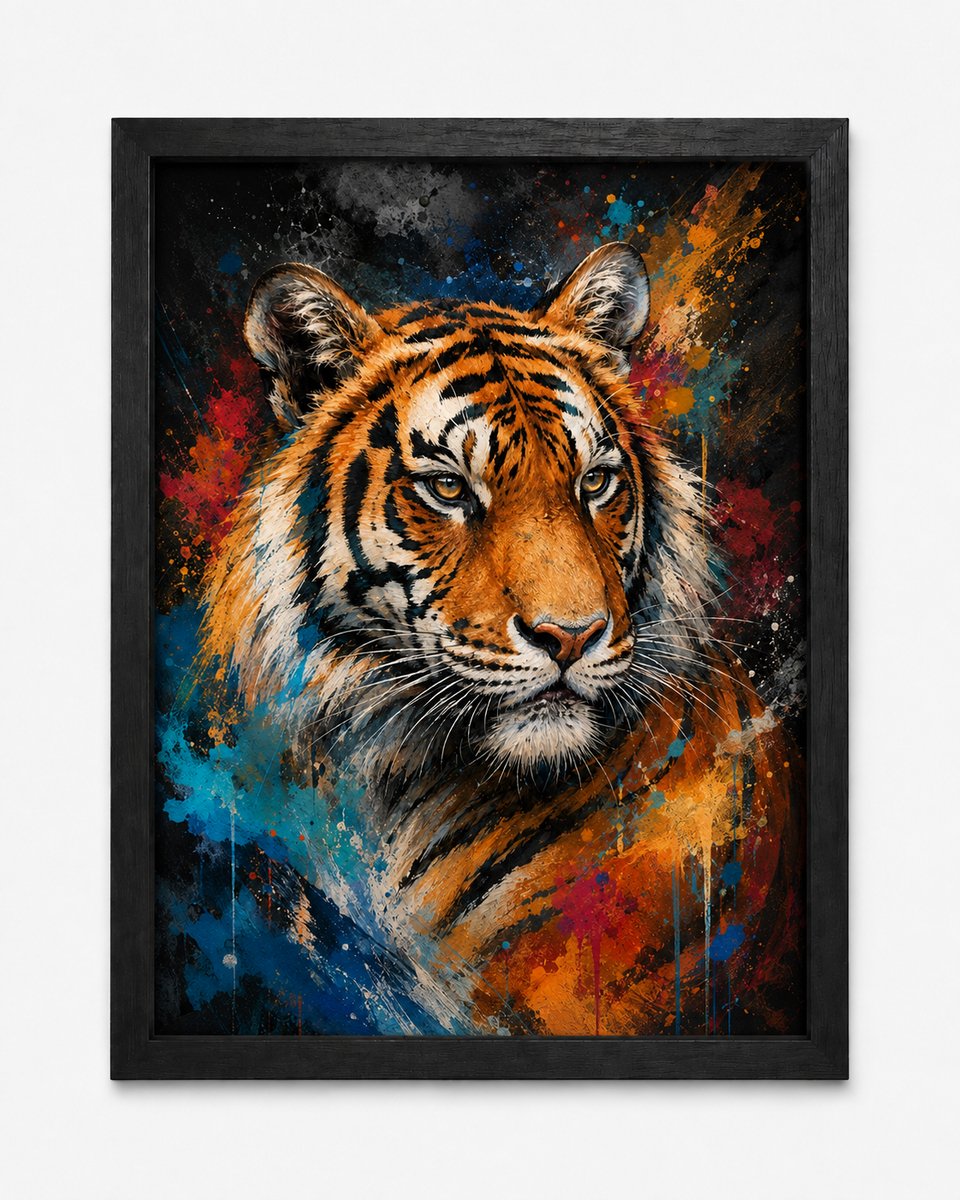 Tijger Poster Kleurrijk | Dierenposter in Moderne Art Style | Wanddecoratie Woonkamer | Inclusief Zwarte A4 Lijst
