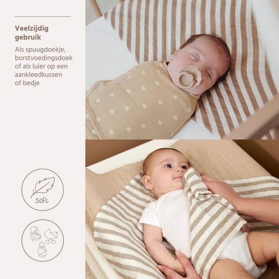 Meyco Baby Fat Stripe Pre-washed Hydrofiele Doeken - 2-pack - Pre-washed Hydrofiel - Taupe - 70x70cm — afbeelding 5