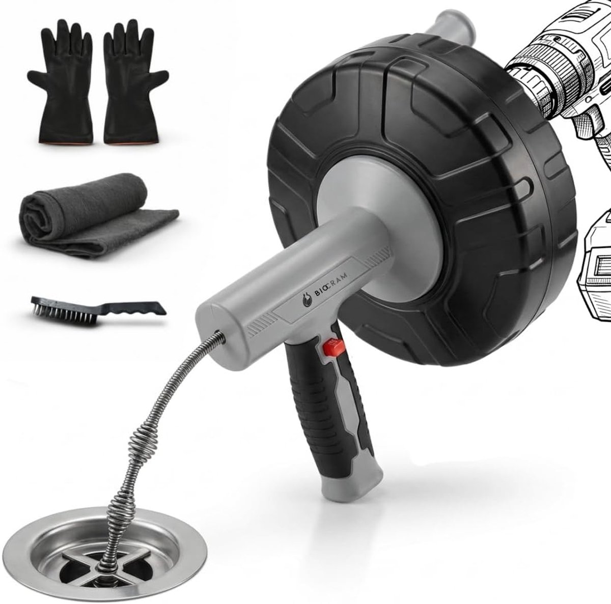 Afvoerreiniger 10 m - flexibele staal kabel - automatische winding - chemievrij reinigen - SnelShoppen