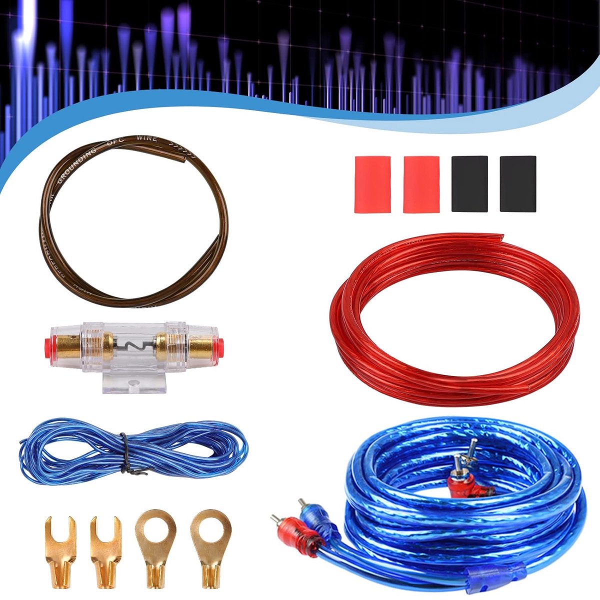 Kabelset voor versterker voor auto, 8 GA, complete set audio auto, audio-versterker voor auto, kabelset voor versterker, bedrading subwoofer, audio, AMP RCA voor auto (4,5 m)