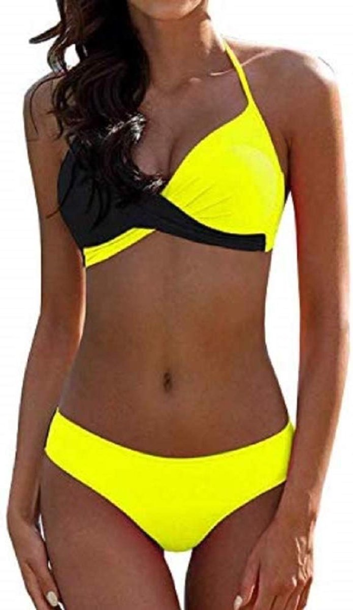 badpak voor dames, 2-delig, voor badkamer, meisjes, bikini, pasvorm, tweekleurig, gewatteerd, kleur geel zwart - - X-Large