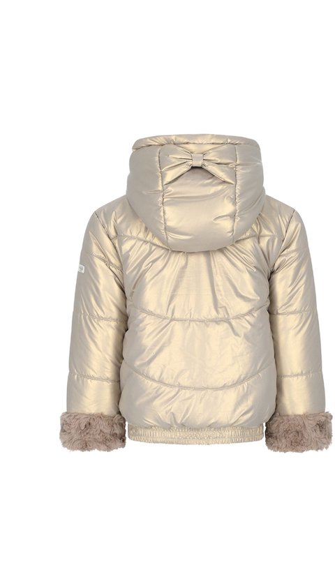 Goudkleurige meisjes winterjas met horizontale banen, zachte nepbont zomen en capuchon met strik.
