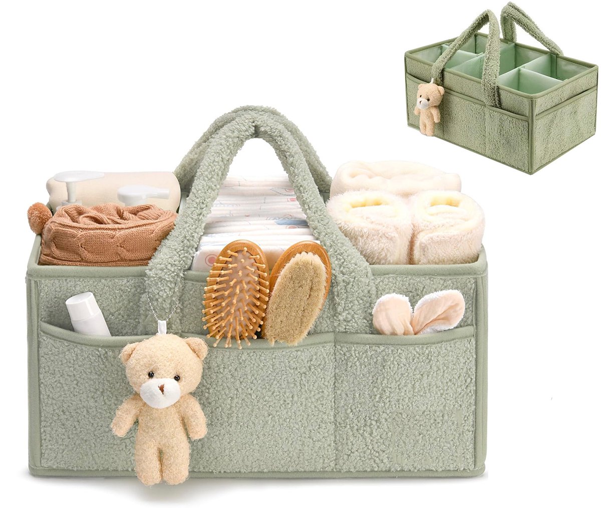 Babyluier Organizer - Draagbare Mand - Babykamer Opbergen - Zacht Pluche Materiaal - 38x25x18 cm - Lichtgroen