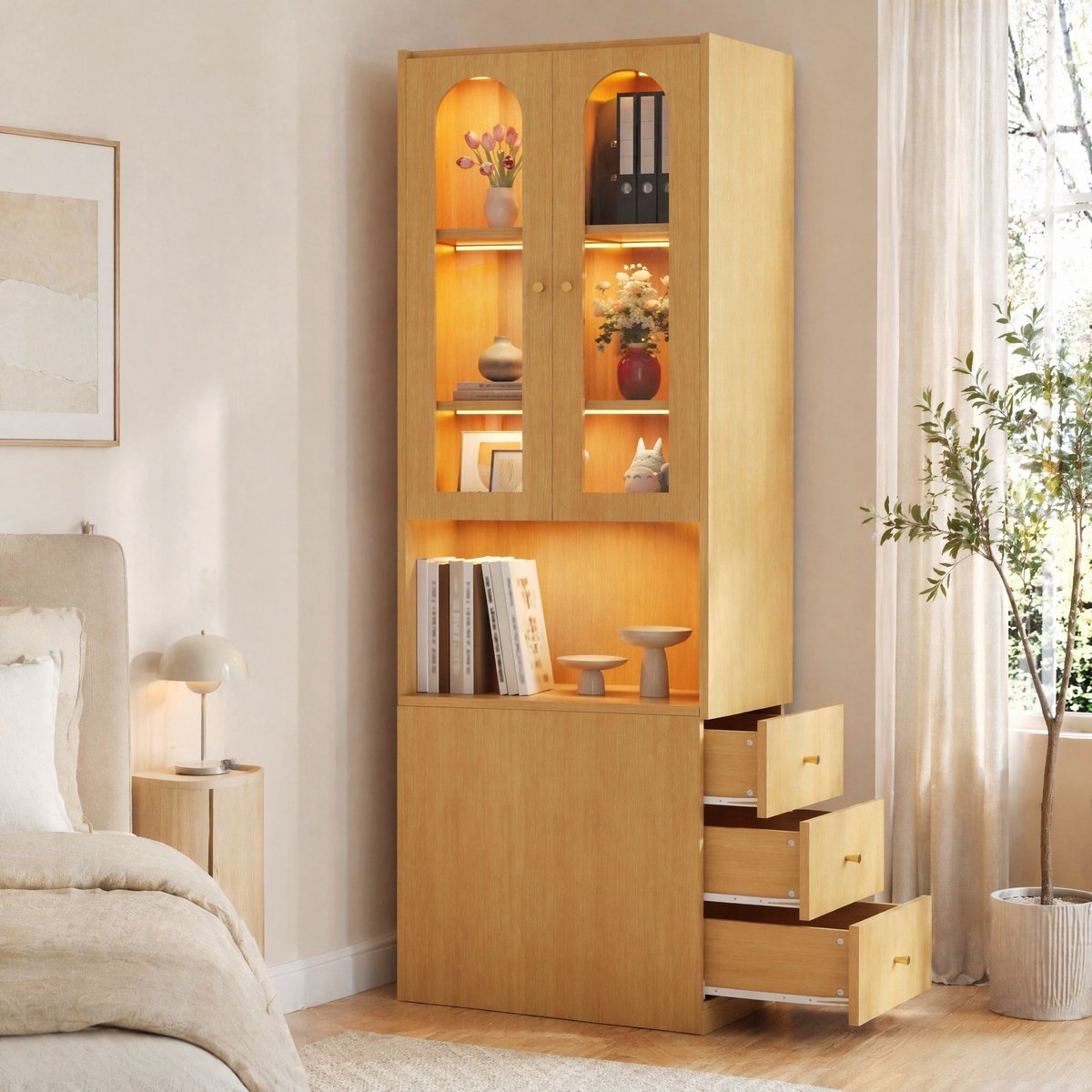 REDOM - Boekenkast - Met gehard glas en LED-verlichting - Omkeerbare links/rechts montage - Met zijlades - Design - Woonkamer en werkkamer - MDF - Eiken - 60 x 40 x 200 cm