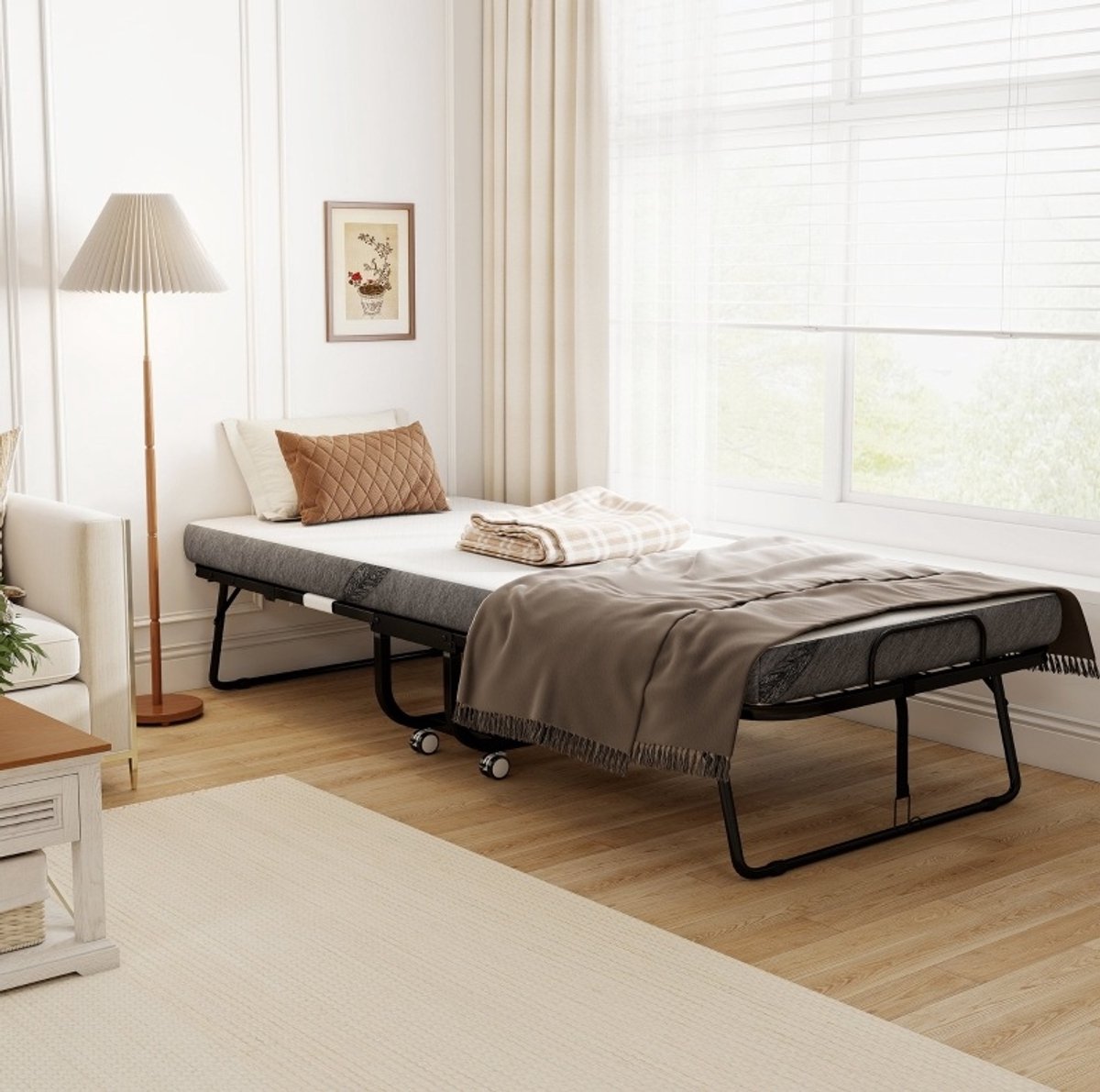 REDOM - Opklapbed voor volwassenen - Met matras en 4 zwenkwielen - Inklapbaar en ruimtebesparend - Modern - Woonkamer, slaapkamer of kantoor - Metaal en Stof - Wit en Zwart - 200 x 90 cm