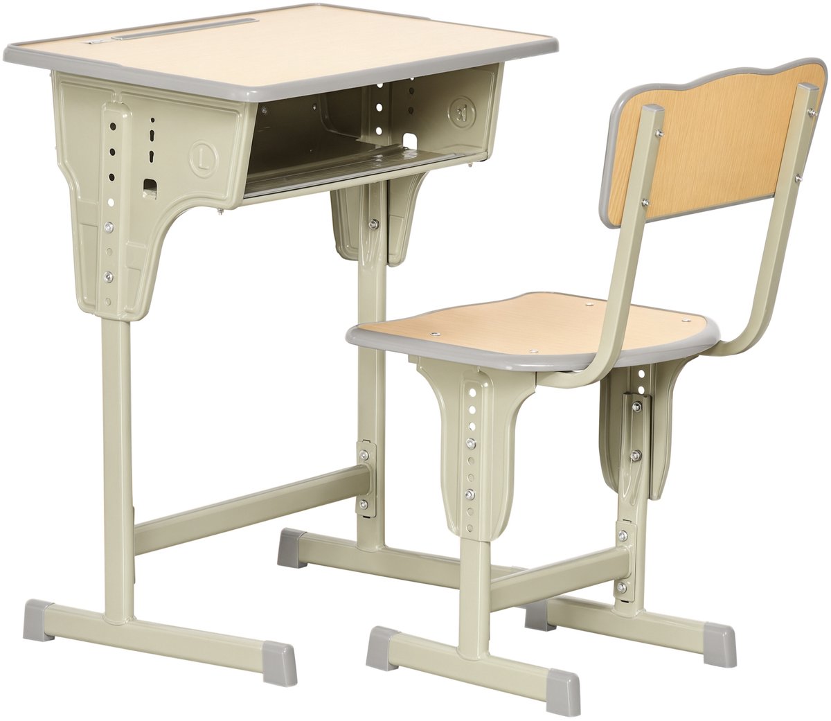 Kinderbureau, vintage, schoolstandaard, set bureau en stoel, verstelbaar, opbergtas, beugel, pennenhouder, staal, kaki, MDF, licht houtlook