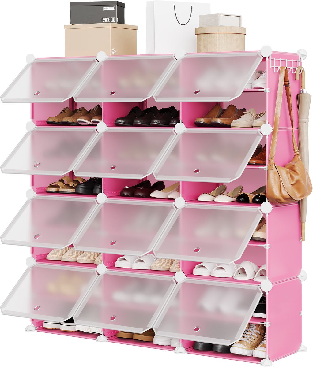 Triumpunpre Schoenenkast 3 Rijen 8 Lagen – Kunststof Schoenenrek met Vakken, Ruimtebesparend & Stevig – voor Hal, Slaapkamer & Woonkamer – 126 x 32 x 127 cm – Roze