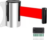 Uittrekbare wandunit met band – 3m uittrekbare barrièreband / waarschuwingsband – Rode band – Barrière voor publieksbeheer – Zilverkleurige kunststof behuizing