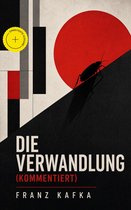 Boekomslag van 'Die Verwandlung' (De Gedaanteverwisseling) van Franz Kafka met een zwarte kever op een schuine lijn, een rode cirkel en geometrische vormen.