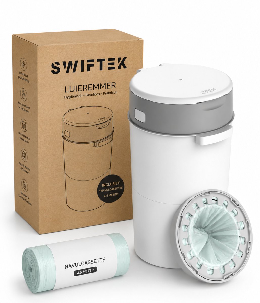 Swiftek Luieremmer incl 20 Luierzakjes - 13 Liter - Geurvrij & universeel - Pamper Vuilbak - Pamperemmer - 4,5m - Navulbaar - Wit