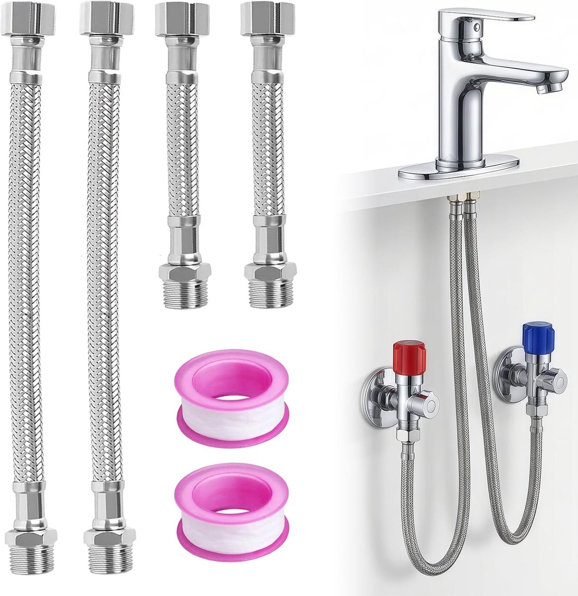 3/8, 4 stuks, 304 roestvrij staal, flexibele slang, pantserslang 3/8 inch, verlengslang voor kraan, badkamer, toilet, keuken (10 cm en 20 cm)