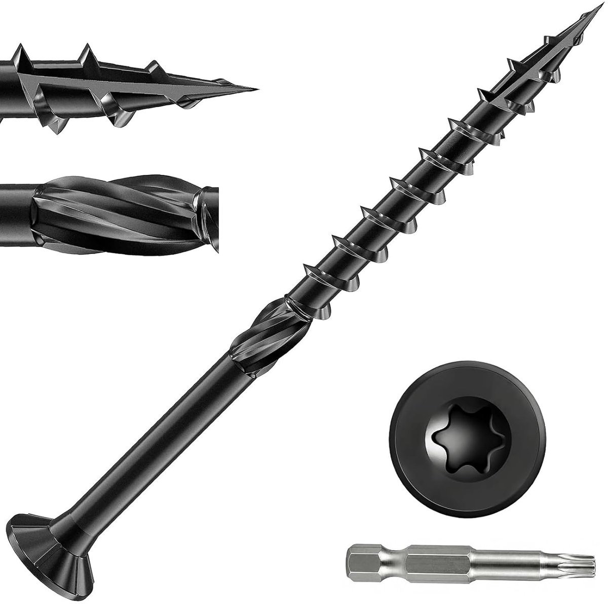 Houtschroeven, 4,8 x 64 mm, zwart, met bit, terrasschroeven Torx met verzonken kop, gedeeltelijke schroefdraad, freesribben, schachtfrees en snijpunt, voor doe-het-zelvers en
