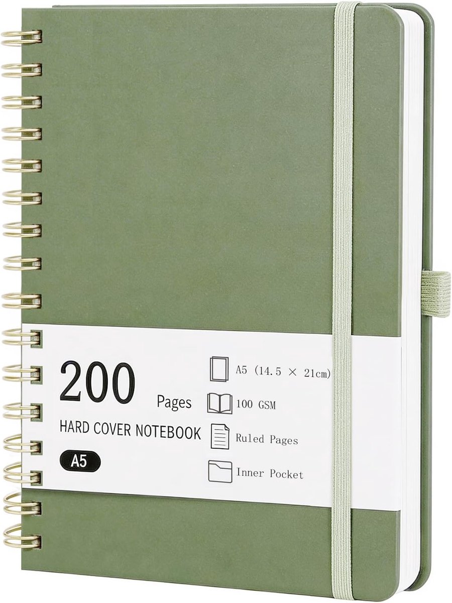 A5 Spiraalnotitieboek met PU-lederen hardcover, 200 pagina's gelinieerd, notitieboek met penhouder en binnenzak voor werk, studie en planning (saliegroen)