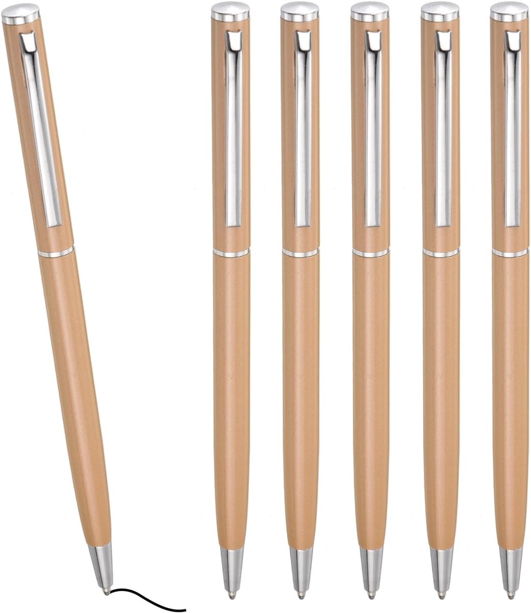 Slanke metalen balpen, 6 stuks zwarte inkt 1 mm medium puntpen, intrekbare lichtgewicht gladde schrijfpennen met metalen clips voor zaken, kantoor, bruiloft, gastenboek, goudkleur