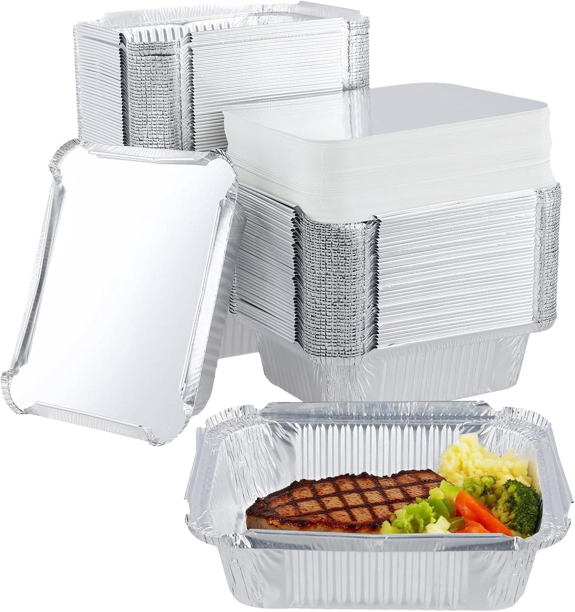 125 stuks 600 ml aluminiumfolie schalen met deksel, klein, aluminium container, wegwerp aluminium schalen met deksel, rechthoekig, aluminiumfolie, grillschalen om te bakken, braden, 16,5 x 13