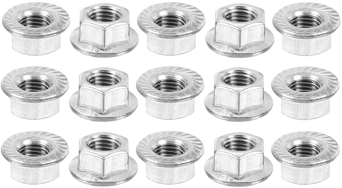 M12 x 1,5 mm zelfborgende zeskantmoeren met flens, geribbeld, 15 stuks, metrisch, antislip, 304 roestvrij staal, volledige schroefdraad, gepolijst zilver