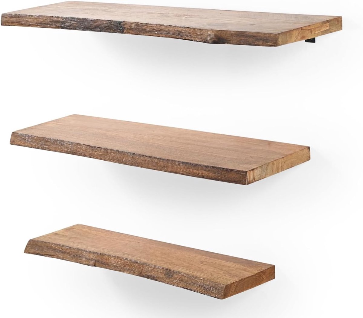 Zwevende planken met natuurlijke rand, set van 3 wandplanken, massief hout, mango, rustieke charme, unieke live-edge look voor slaapkamer, woonkamer, kantoor, bruin, grote planken, handgemaakt