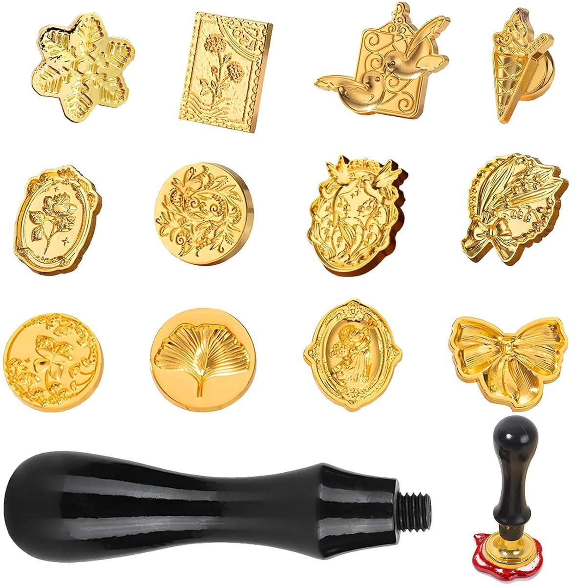 12 stuks zegelwasset, zegelwas-stempel 3D, reliëf, zegelwas met houten handvat voor enveloppen, uitnodigingen, knutselen, scrapbooking