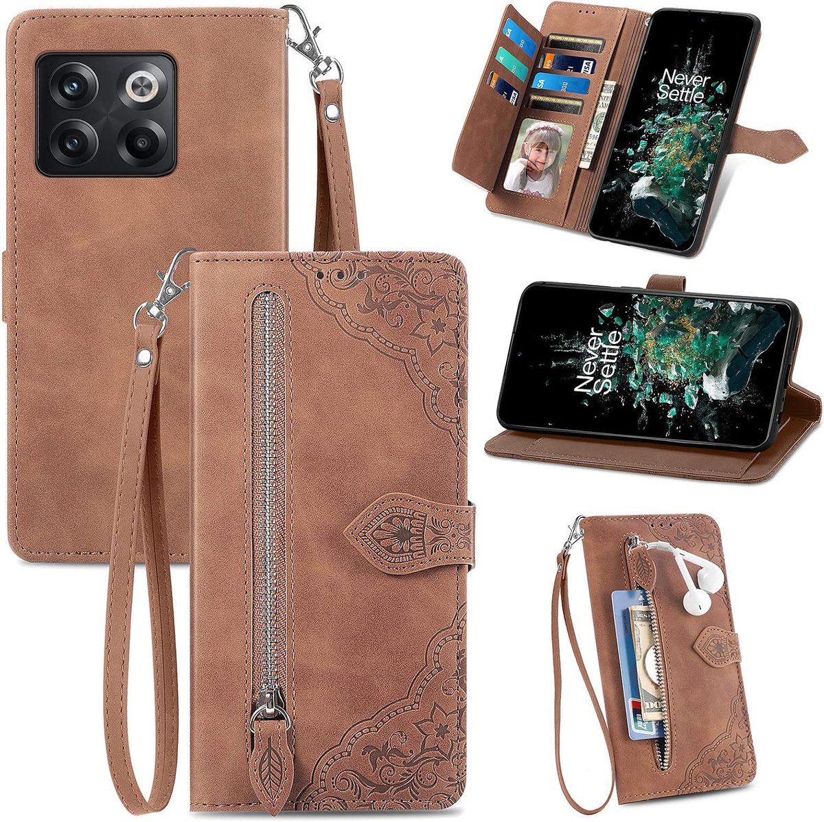 Portemonneehoesje met rits, compatibel met OnePlus 10T 5G, PU-lederen klaphoesje met polsbandje, magnetische sluiting, standaard, schokbestendig TPU-hoesje voor OnePlus 10T 5G, bruin