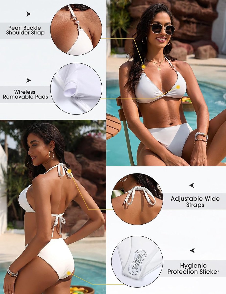 Bikini Dames Set Sexy Driehoek Halter Tweedelige Badmode Bikini Top Tanga Bikinibroekje Badkleding Verstelbaar Badpak Met Kralen