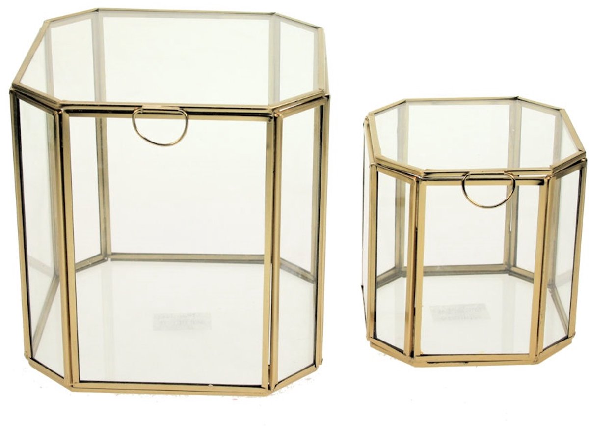 Vitrinedoos s/2 glas en goudkleurig metaal 17,5x16,5x19cm