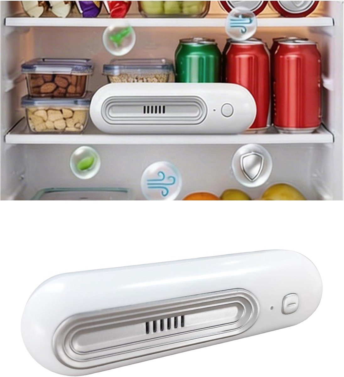 Koelkastgeurverwijderaar - 2 standen - Compact en draagbaar - Herbruikbaar - Geschikt voor voedselopslag - Geen navullingen of filters nodig - Geschikt voor koelkasten, vriezers en voorraadkasten - Wit