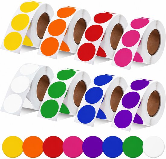 Rouleaux d'autocollants ronds jaunes, oranges, rouges, roses, blancs, verts, bleus et violets. Une rangée de stickers de couleur individuels en bas.