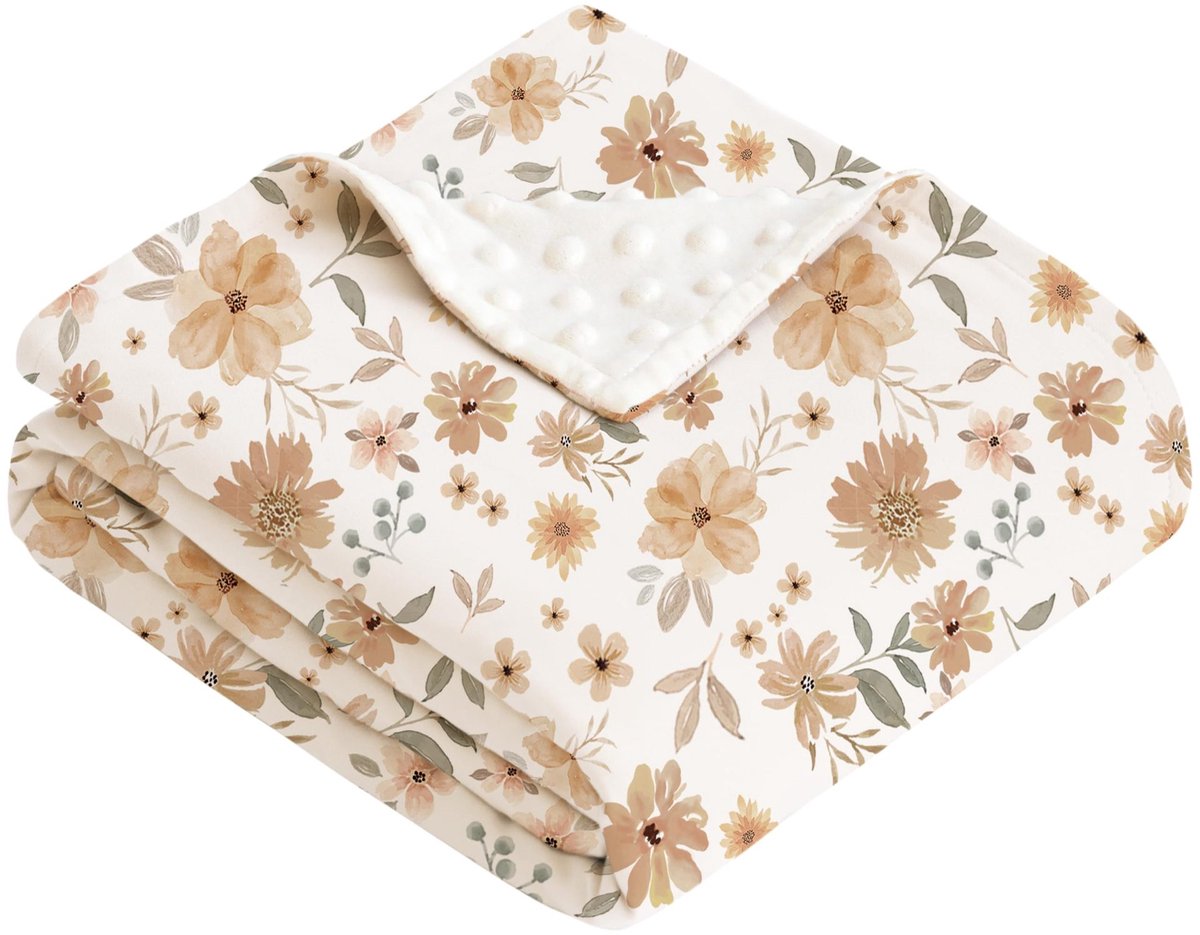 Babydeken van katoengaren, 75 x 100 cm, pasgeboren deken, 100% puur katoen en fleece, multifunctioneel dubbelzijdig babydoopcadeau, geschikt voor kinderwagens, als troostdeken of babywikkeldeken,Kleine gele bloem 2