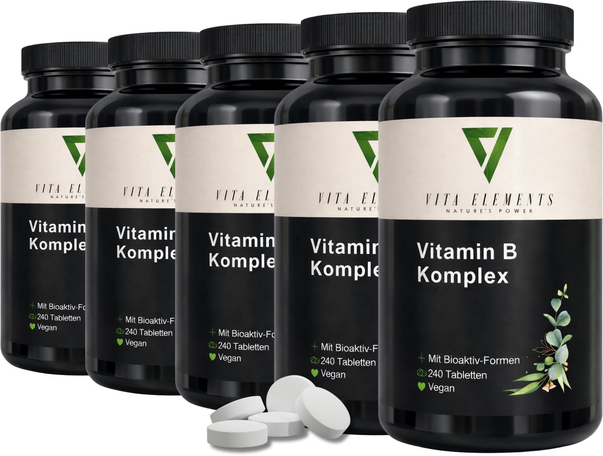 Vita Elements Vitamine B Complex Tabletten met Methylcobalamine, Choline en Inositol - Veganistisch - Suikervrij - 240 Tabletten - Getest in Duitsland Set van 5