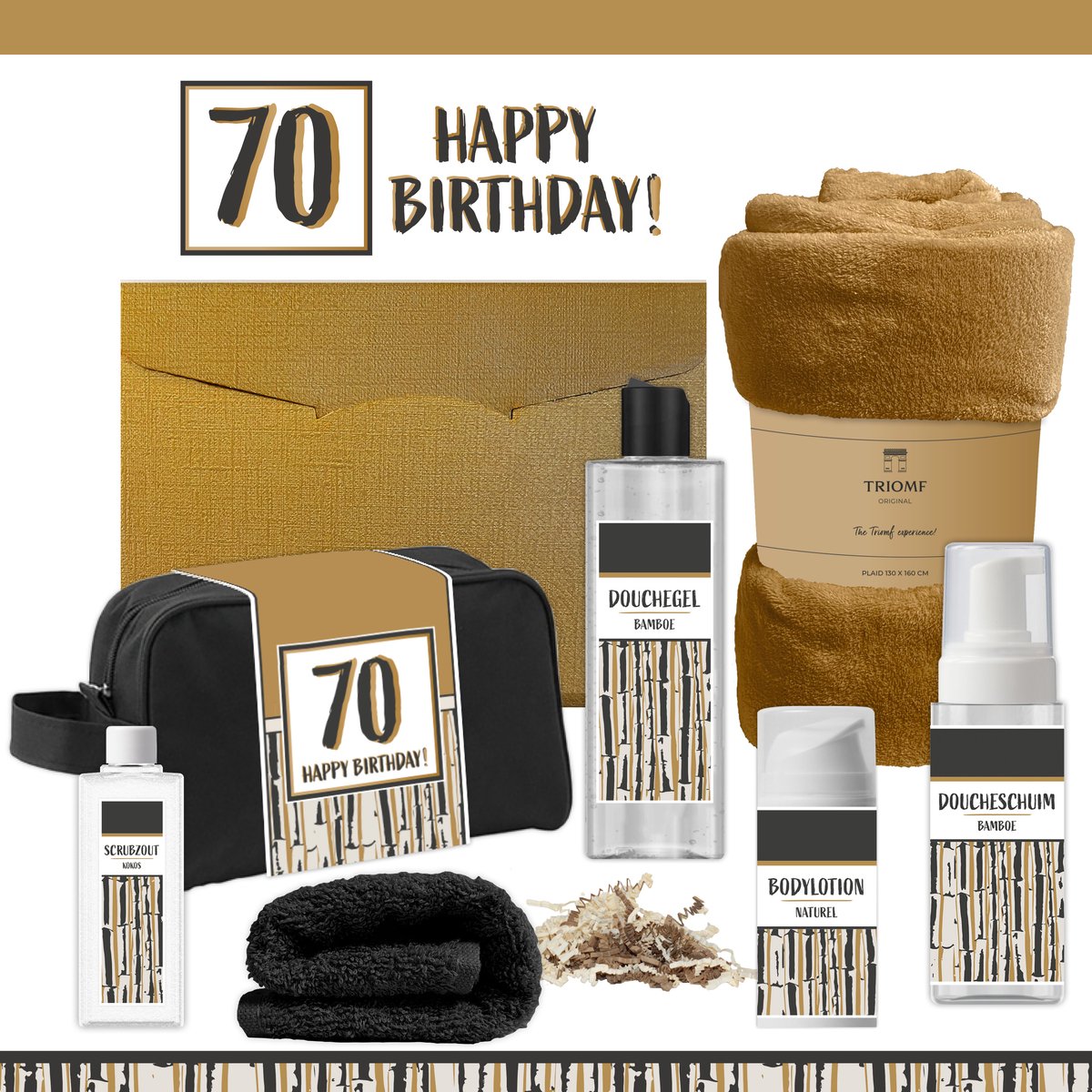 Geschenkset “70 Happy Birthday!” - 7 producten - 1390 gram | Giftset voor hem Vader Papa Zeventig jaar Cadeau Luxe Wellness Pakket Man Speciaal Cadeaupakket Doos Handdoeken Fleecedeken Geschenk Cadeaudoos Verjaardag Vriend Gift Set Douche Goud