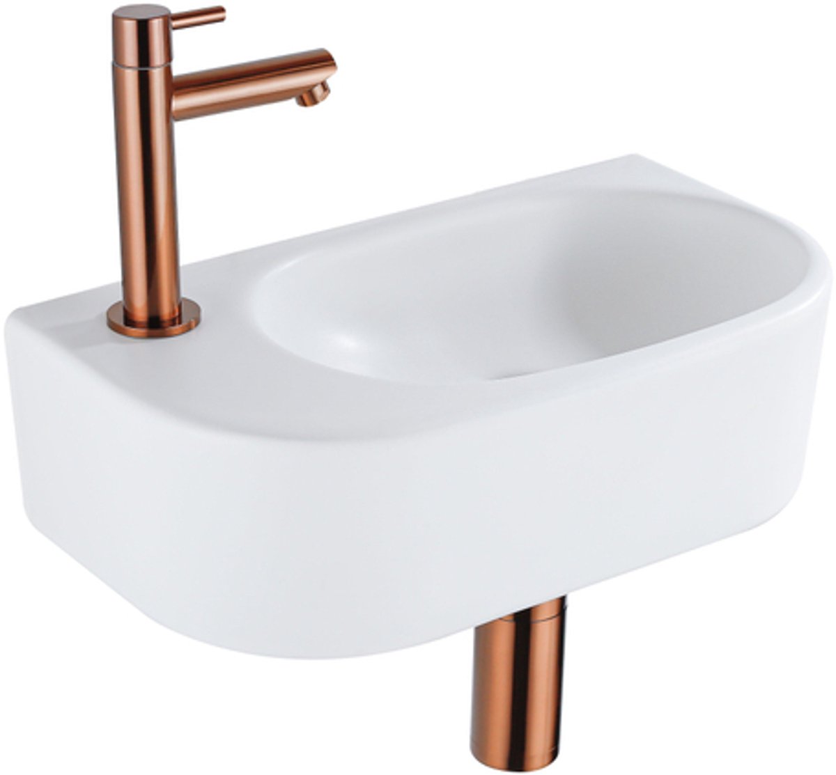 Fugaflow Efficiente Pietra Fonteinset - 40x21.5x12cm - links - glad - halfrond - 1 kraangat - keramiek - fonteinkraan geborsteld koper - afvoerplug - verlaagd sifon - wit glans