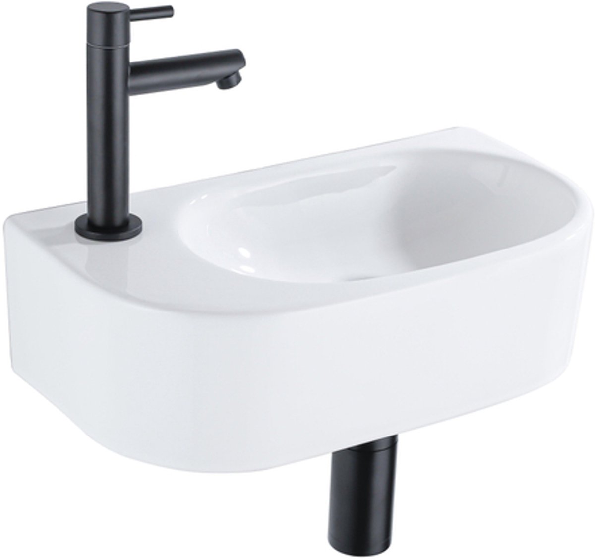 QeramiQ Fuente Fonteinset - 40x21.5x12cm - links - glad - halfrond - 1 kraangat - keramiek - fonteinkraan wit mat - afvoerplug - verlaagd sifon - wit glans