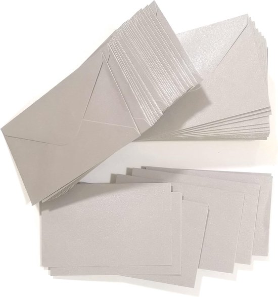 enveloppen met kaarten, set van 100 enveloppen + 100 kaarten, mini-formaten 7 x 11,2 cm en 14 x 9 cm, voor bruiloft, feest, verjaardag, geschenken en wenskaarten (zilver, 11,2 x 7 cm) — afbeelding 4