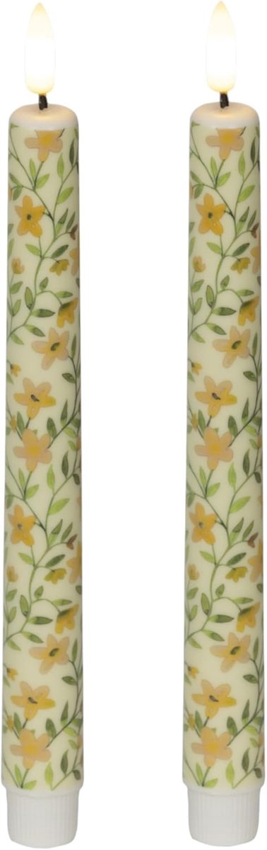 Led-kaars van echte was met realistische vlam, timer en werkt op batterijen, led-kaars voor binnen met warm wit licht, natuurlijke look in abrikoos, weidebloemen, echte was, Ø 2 cm x 24 cm