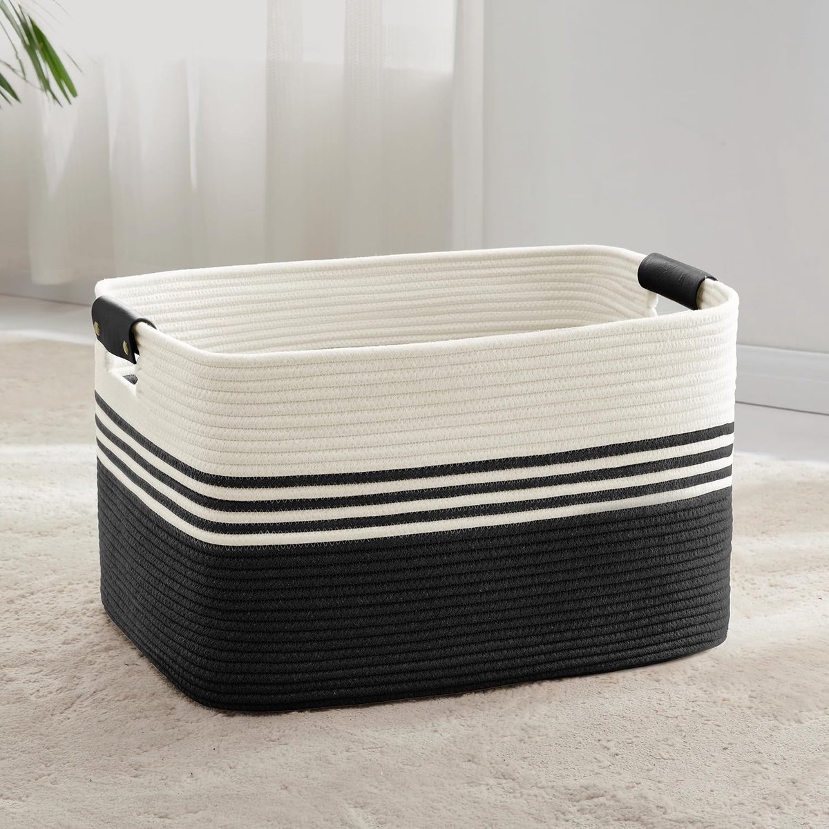 geweven wasmand van katoenkoord, 72L, opbergmand met leren handvatten, mand voor dekens, kleding, speelgoed, wasmand voor kinderkamer of woonkamer, 55x43x30 cm, wit en zwart