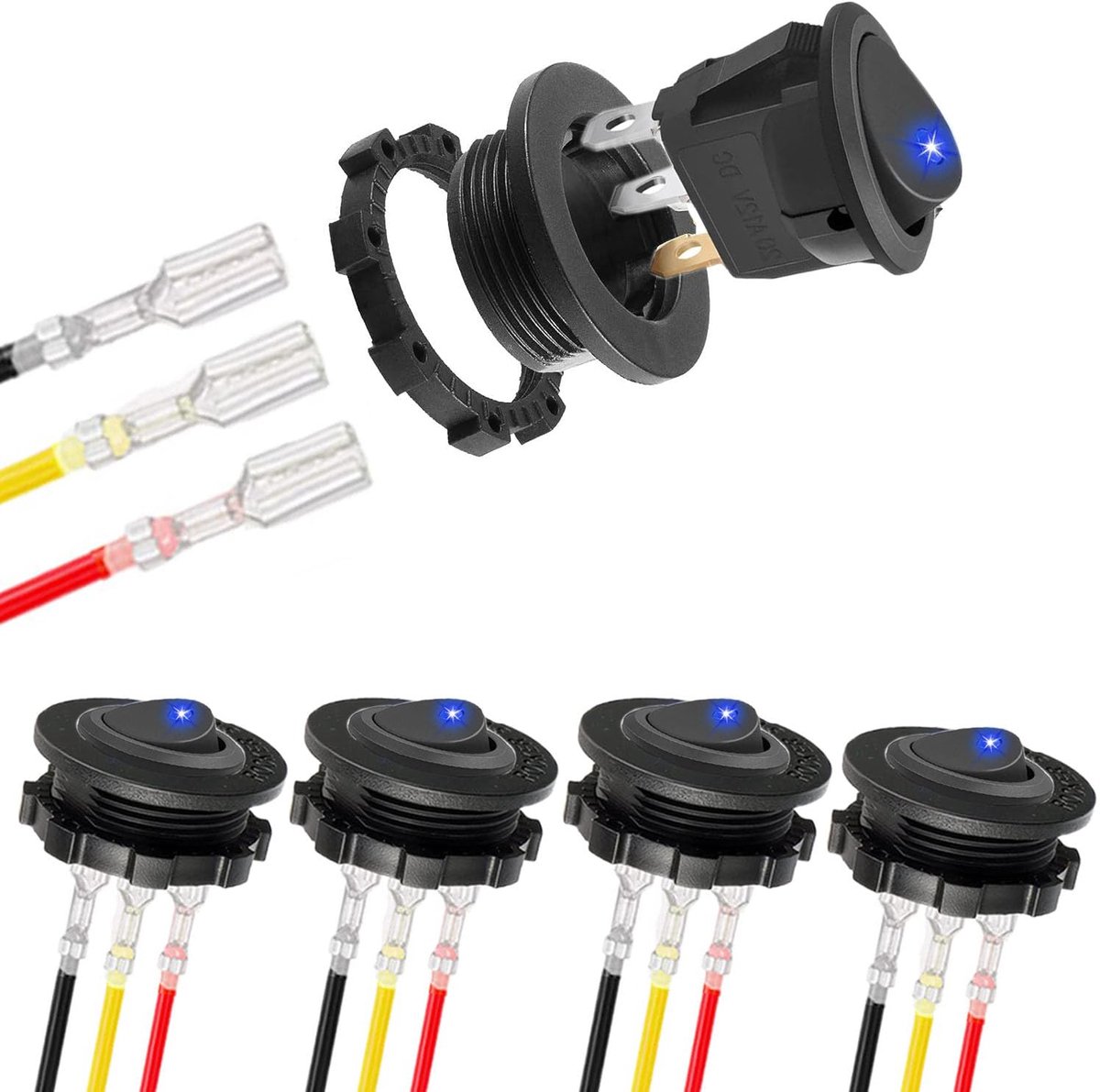 5 stuks led-lichtschakelaar, rond, blauw, tuimelschakelaar, 12 V, ronde knop, 12 V, led-tuimelschakelaar, waterdicht, rond, 2-voudig, SPST 3-polig, met hoes