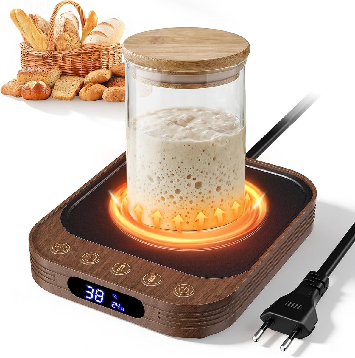 Zuurdesem Starter Verwarmer, 21-38°C Precisie 1°C Thermostaat Zuurdesemverwarmer, Warmhoudplaat voor Zuurdesemstarter met 24U Timer Geheugenfunctie, voor Zuurdesemgisting Brood bakken (Houtnerf