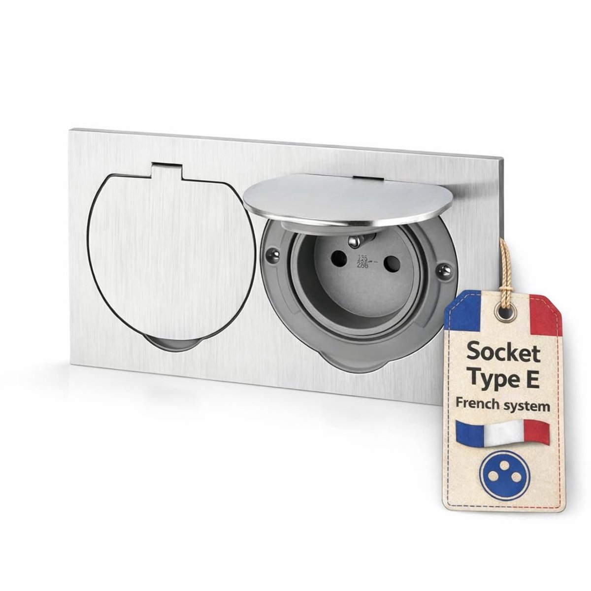 dubbel inbouwstopcontact, vloerstopcontact IP55, klapdeksel, steekklem, type E, Frans