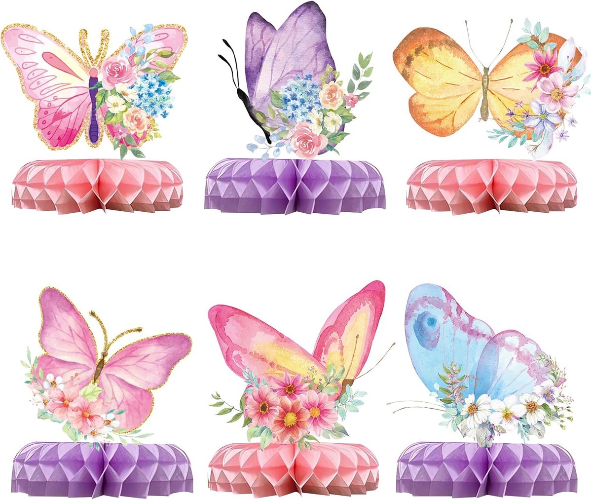 12 stuks in 6 stijlen tafeldecoratie verjaardag, tafeldecoratie doop, tafeldecoratie in honingraatvorm, thema vlinder, verjaardagsdecoratie voor meisjes voor mannen en vrouwen