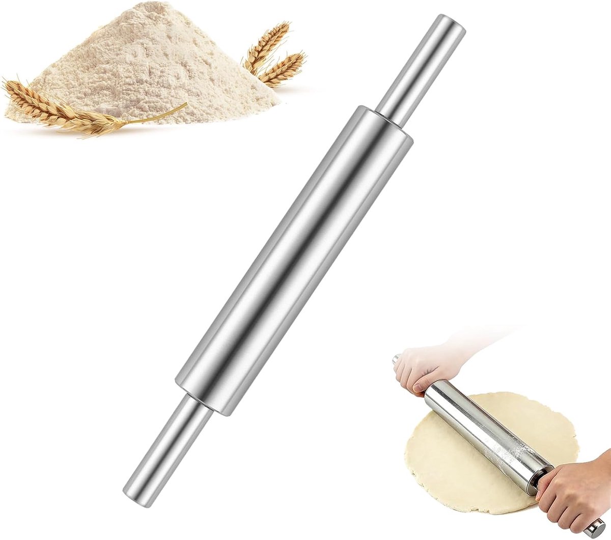 Deegroller, roestvrij staal, deegroller, 43 cm, deegroller van roestvrij staal, geschikt voor het maken van fondantglazuur, pizza, knoedels, brood, cake, deeg en bladerdeeg