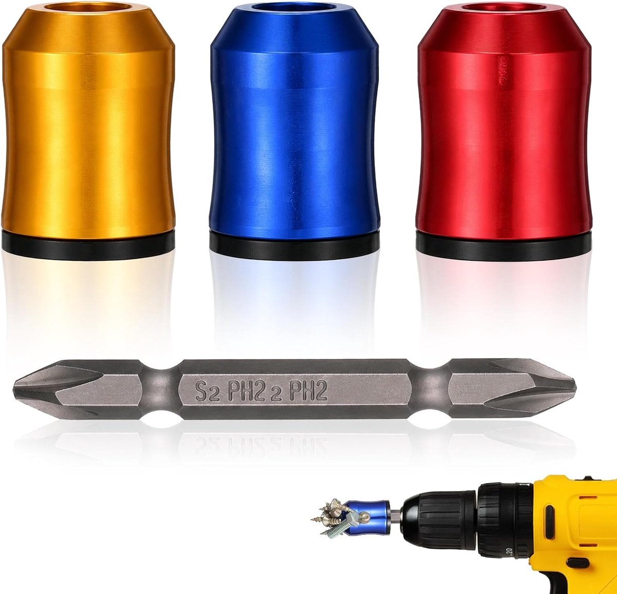 3 stuks magnetische schroefring, verwijderbare magnetische schroefhouder met 1 dubbelzijdige schroevendraaierbit 1/4 inch universele schroevendraaierkop magnetische ring voor zeskantschroevendraaier